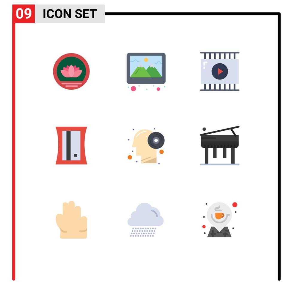 grupp av 9 platt färger tecken och symboler för tänkande skiva filma redigering verktyg utbildning redigerbar vektor design element
