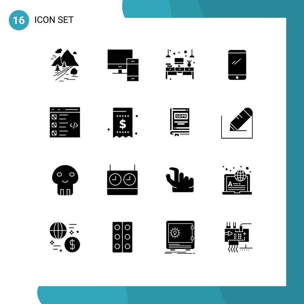 modern uppsättning av 16 fast glyfer och symboler sådan som mobil telefon pc ljus kontor redigerbar vektor design element