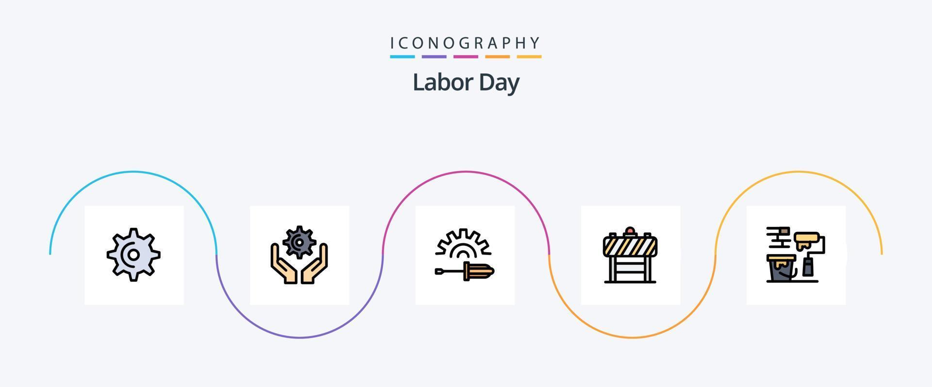 Labor Day Line gefüllt Flat 5 Icon Pack inklusive Roller. blocker. Schraubendreher. Verkehr. Zeichen vektor