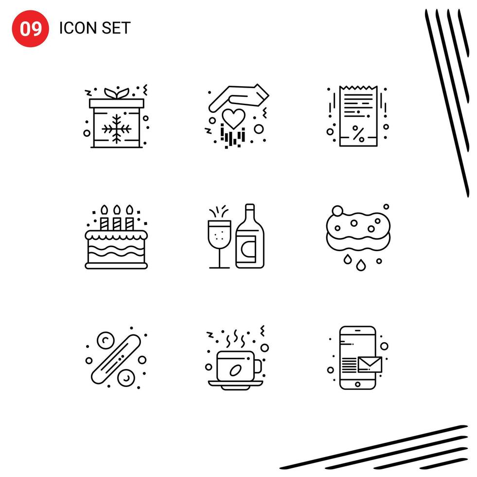 Stock Vector Icon Pack mit 9 Zeilen Zeichen und Symbolen für ddrink Flasche Schwarzer Freitag Glaskuchen editierbare Vektordesign-Elemente