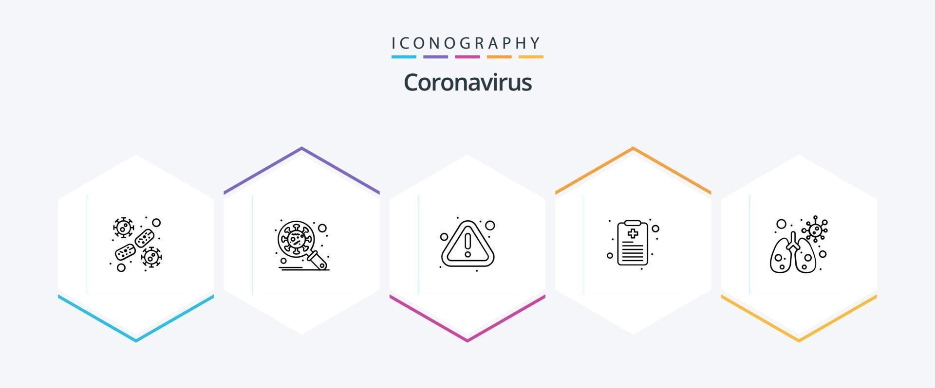 Coronavirus 25-Zeilen-Icon-Paket einschließlich . Patientenakte. Sicherheit. Gesundheitsdiagramm. Warnung vektor