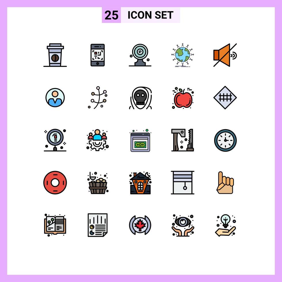 25 thematische vektorgefüllte flache Linienfarben und editierbare Symbole des globalen editierbaren Vektordesign-Elements des stummen Globus-Fokus-Board-Netzwerks vektor