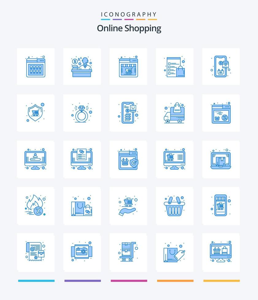 kreatives Online-Shopping 25 blaues Symbolpaket wie Bestellung. Laden. online. Liste. Checkliste vektor