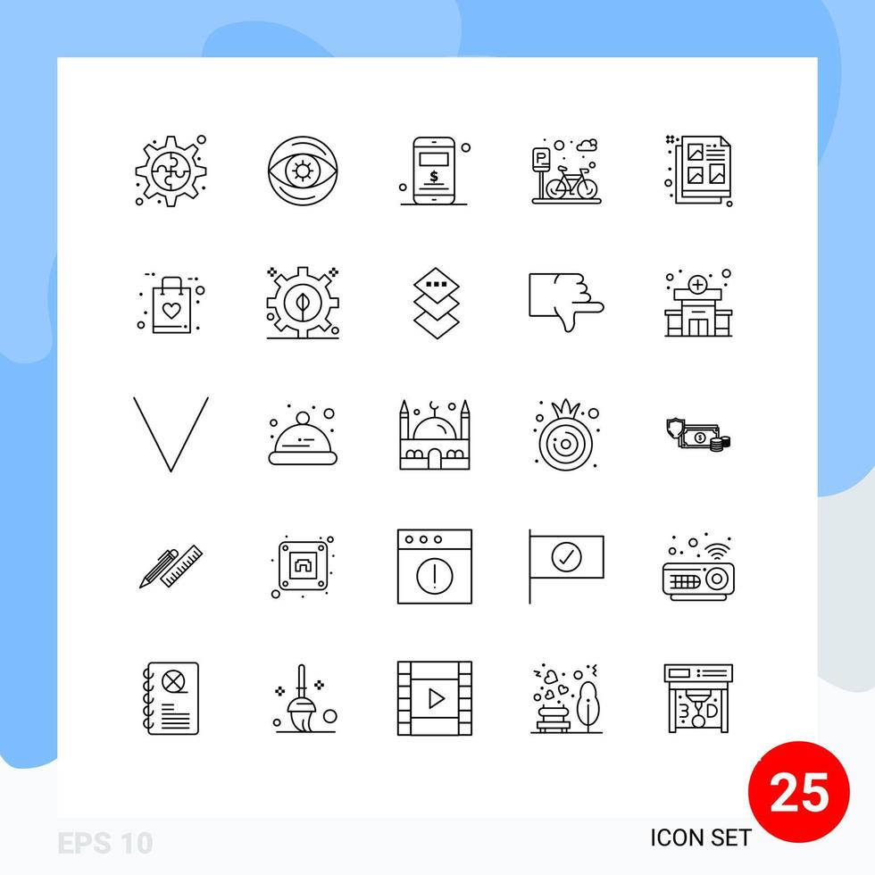 Piktogrammsatz aus 25 einfachen Linien des Ideendesign-Servers kreatives Parken editierbare Vektordesign-Elemente vektor