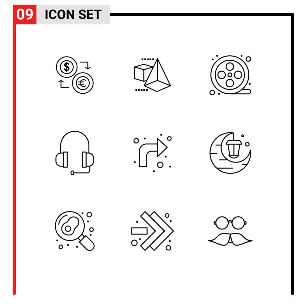 redigerbar vektor linje packa av 9 enkel konturer av pilar headsetet modell hörlurar film rulle redigerbar vektor design element