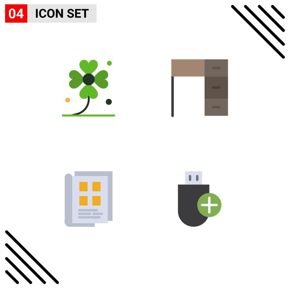 Packung mit 4 modernen flachen Symbolen, Zeichen und Symbolen für Web-Printmedien wie Kleeblatt, irische Möbel, Zeitung, editierbare Vektordesign-Elemente vektor