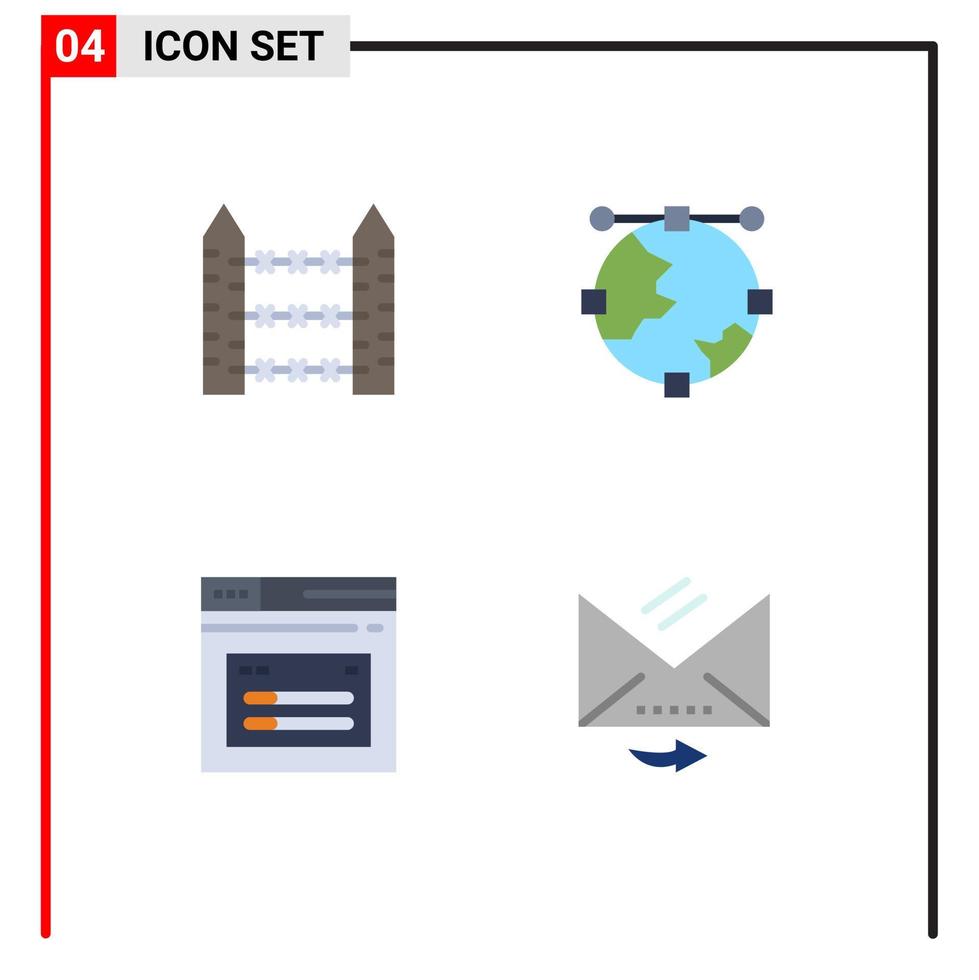 Packung mit 4 kreativen flachen Symbolen von bearbeitbaren Vektordesign-Elementen für die Signalisierung der Designseite mit Stacheldraht vektor