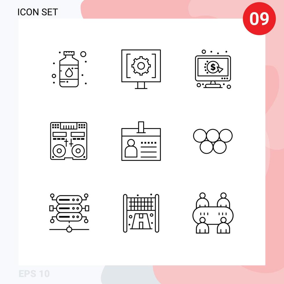 Packung mit 9 modernen Umrisszeichen und Symbolen für Web-Printmedien wie Mischpult-Service-CD pro editierbare Vektordesign-Elemente vektor