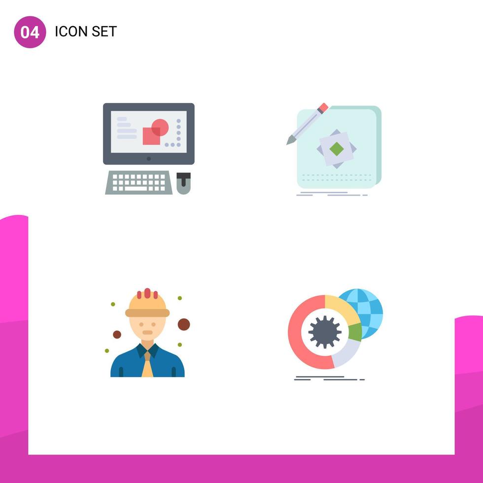 piktogrammsatz von 4 einfachen flachen symbolen von computerlinie arbeiter prozess logo arbeiter editierbare vektorgestaltungselemente vektor
