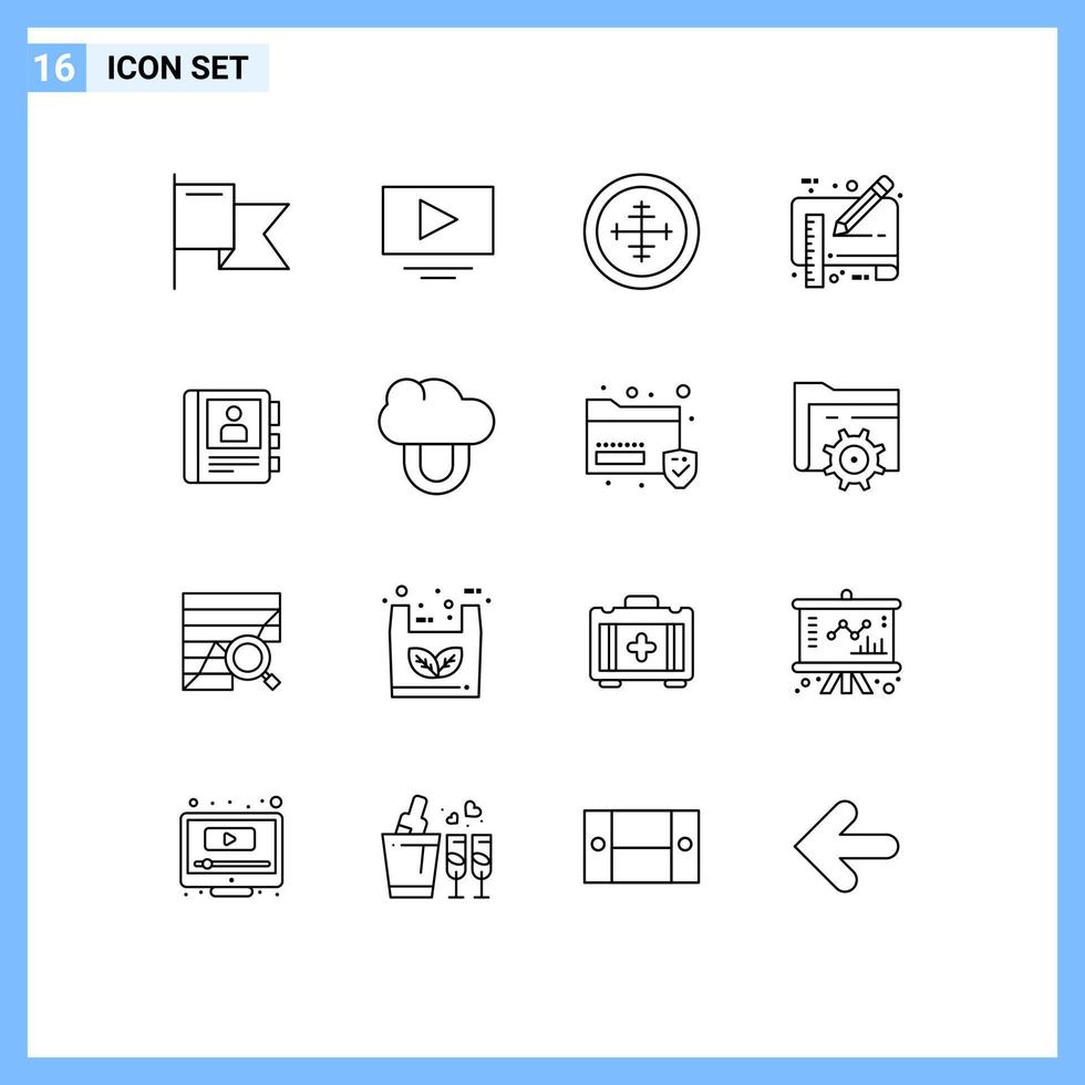 Piktogrammsatz von 16 einfachen Umrissen von Buchlineal Militärbleistift Dokument editierbare Vektordesign-Elemente vektor