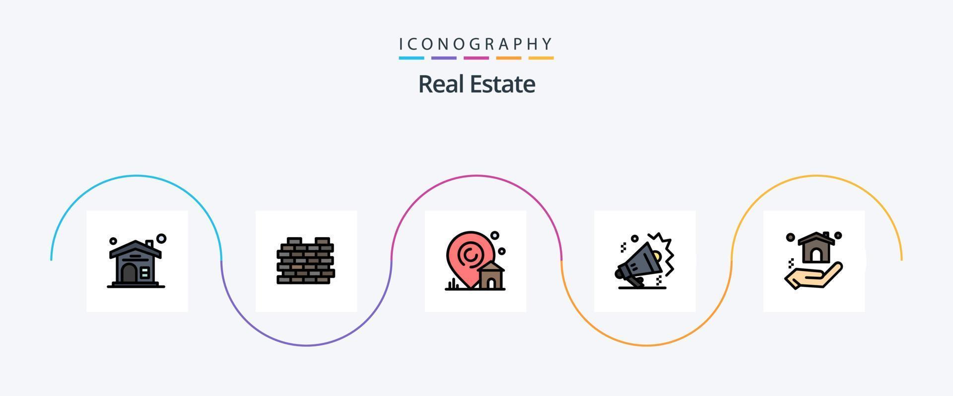 verklig egendom linje fylld platt 5 ikon packa Inklusive verklig egendom. byggnad. byggnad. högtalare. verklig egendom vektor