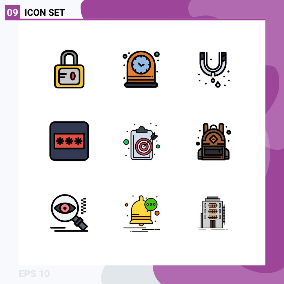 modern uppsättning av 9 fylld linje platt färger pictograph av mål Urklipp mekanisk syfte layout redigerbar vektor design element