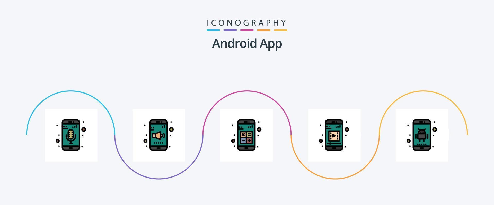 Android-App-Linie gefülltes flaches 5-Icon-Paket einschließlich Anwendung. mobiles Video. hinzufügen. Mobile Medien. Interaktion vektor