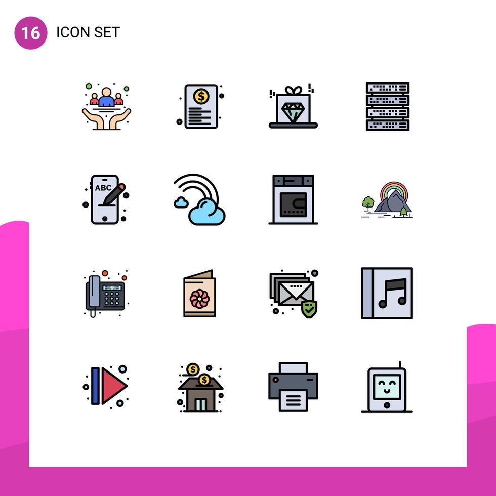 platt Färg fylld linje packa av 16 universell symboler av server kuggstång papper dator pris redigerbar kreativ vektor design element