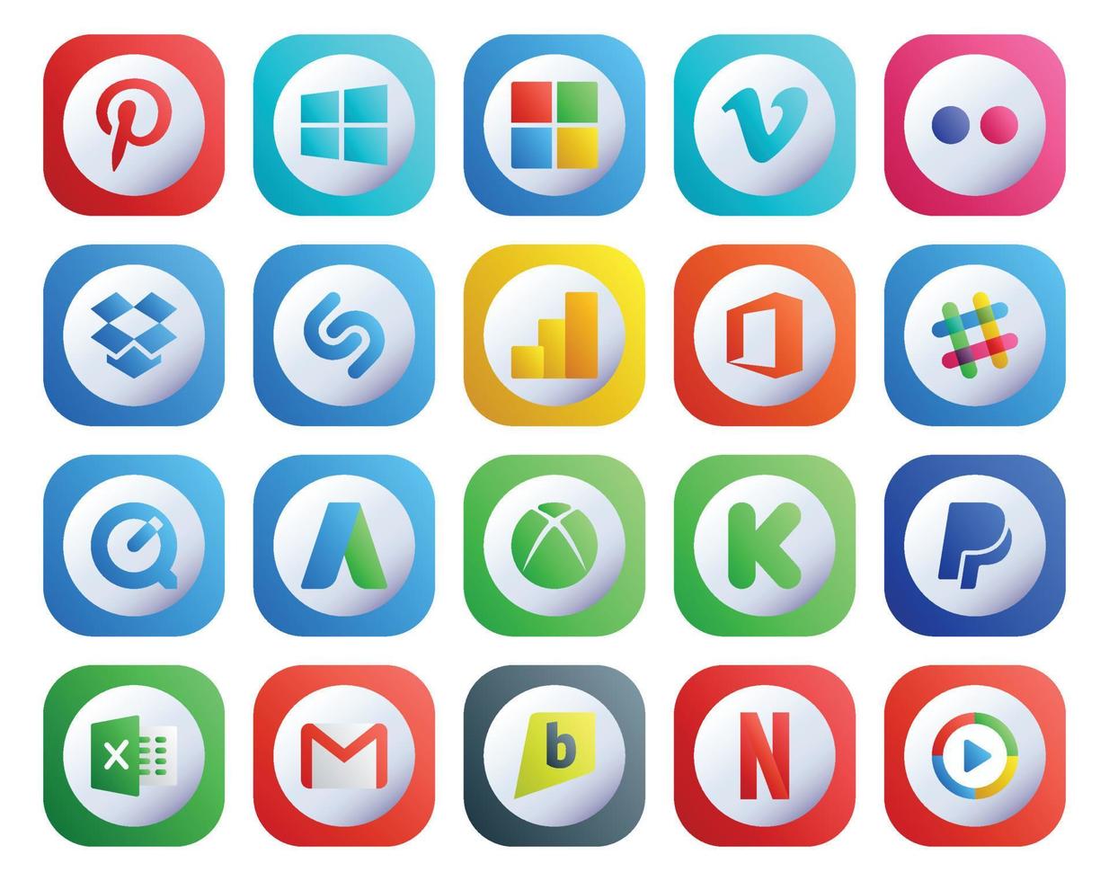 20 Social Media Icon Pack inklusive Excel Kickstarter Google Analytics Xbox Quicktime vektor