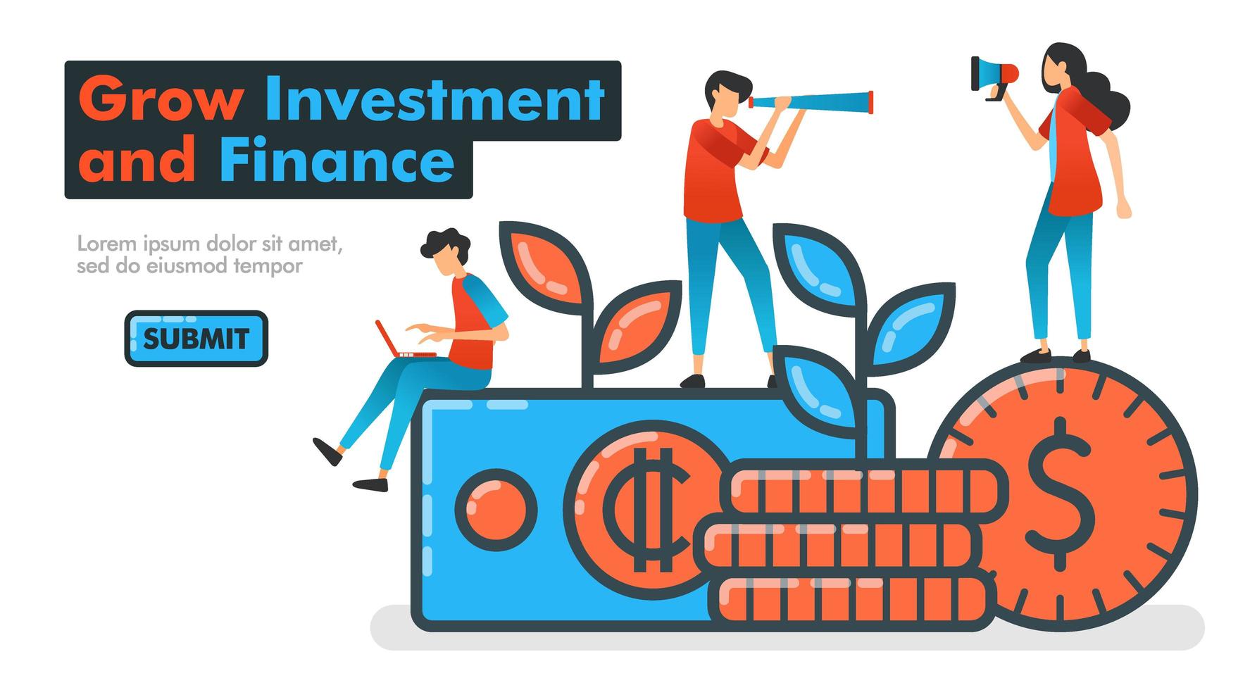 wachsen Investition und Finanzen Linie Vektor-Illustration. Investieren Sie Geld, um finanzielle Vermögenswerte zu vergrößern und ein enormes Gewinnwachstum zu erwarten. Suche und Förderung von Investmentmanagern. Zielseiten Website Banner vektor