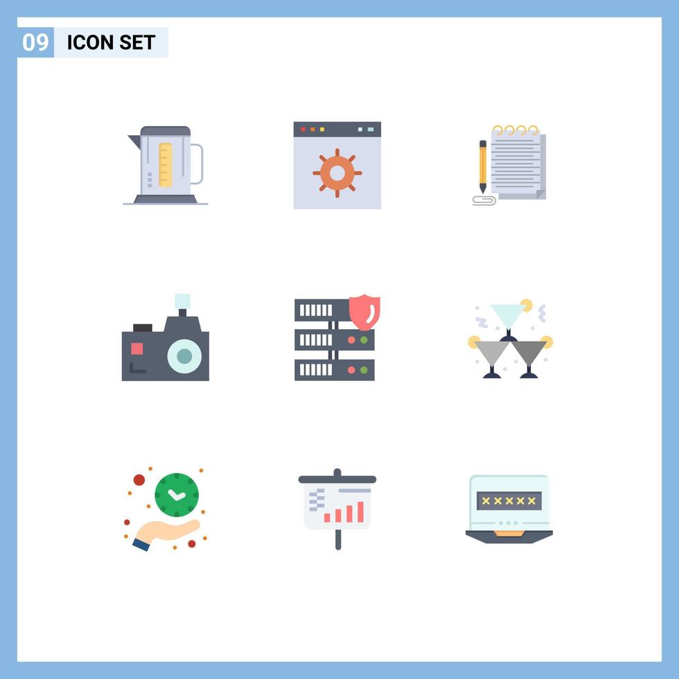 9 universell platt färger uppsättning för webb och mobil tillämpningar data fotograf anteckningsblock blixt fotografi kamera redigerbar vektor design element