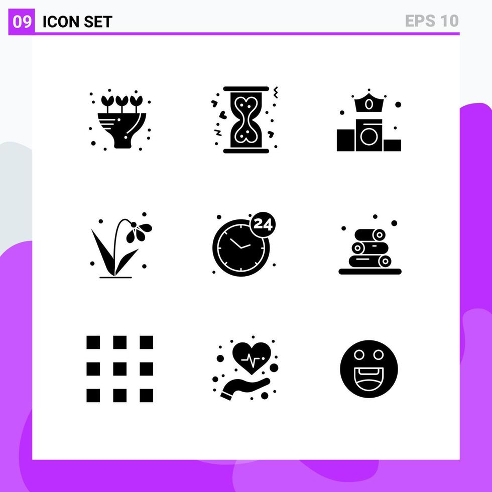 uppsättning av 9 vektor fast glyfer på rutnät för öppen klocka krona tulpan påsk redigerbar vektor design element