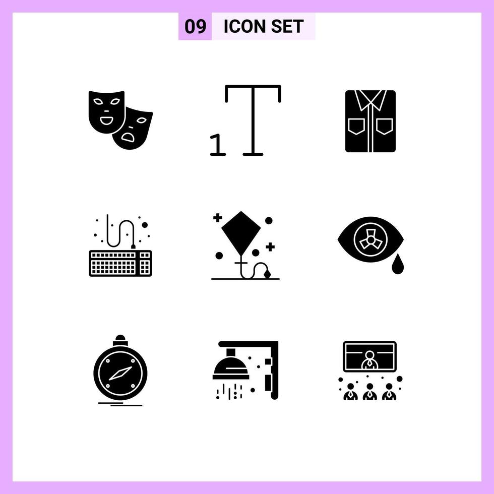 9 solides Glyphenkonzept für mobile Websites und Apps Kite Happy T Tools Tastatur editierbare Vektordesign-Elemente vektor