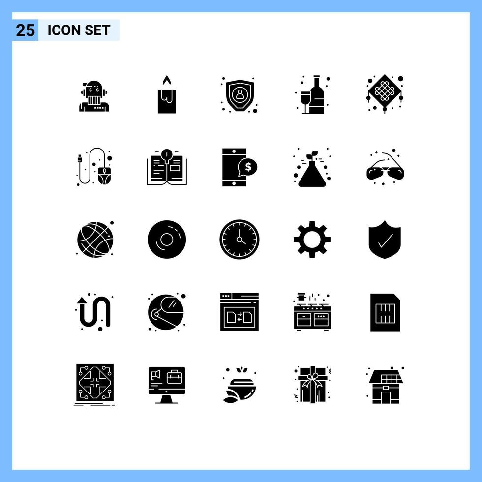 uppsättning av 25 kommersiell fast glyfer packa för firande lykta kryptering kinesisk alkoholhaltig redigerbar vektor design element