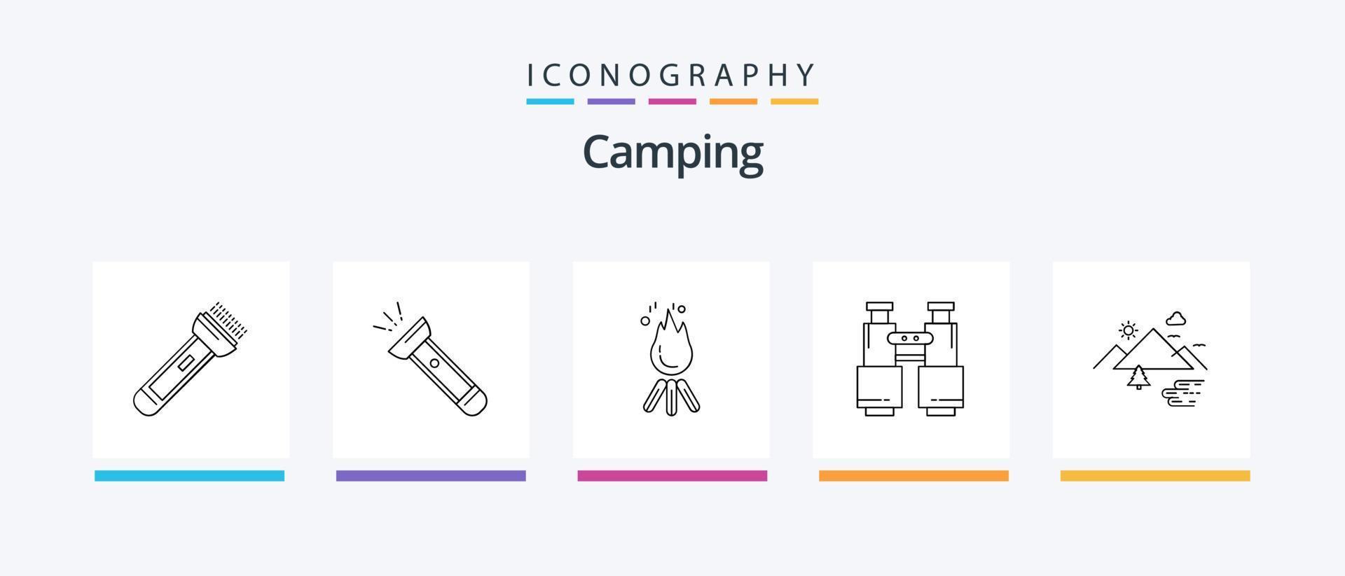 Camping Line 5 Icon Pack inklusive Armee. GPS. Lager. Lagerfeuer. kreatives Symboldesign vektor