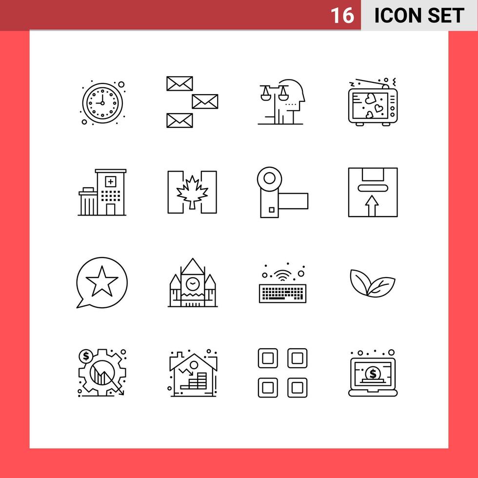 16 Benutzeroberflächen-Gliederungspaket mit modernen Zeichen und Symbolen von TV-Liebhabern, Umschlag, Liebesurteil, editierbare Vektordesign-Elemente vektor