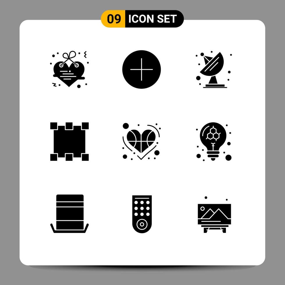 Stock Vector Icon Pack mit 9 Zeilen Zeichen und Symbolen für Spieler Herz Kommunikation Basketball Rechteck editierbare Vektordesign-Elemente
