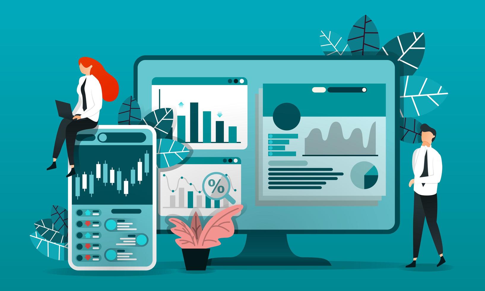 flache Zeichentrickfigur. Vektorillustration für Technologie, business.employee mit Monitor, der Kerzenhalter, Diagramme, Balken, Kreis, Liniendiagramme recherchiert, um das Ergebnis auf dem Finanzmarkt zu bestimmen. vektor