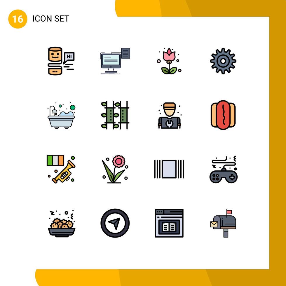 Gruppe von 16 flachen, farbgefüllten Linien Zeichen und Symbolen für Badewannenrad-Dokumenteinstellung Blume editierbare kreative Vektordesign-Elemente vektor