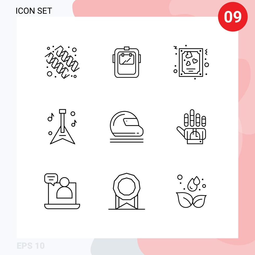 Gliederungspackung mit 9 universellen Symbolen für Motorradmusik Kopfbedeckungen Instrument Valentinstag editierbare Vektordesign-Elemente vektor
