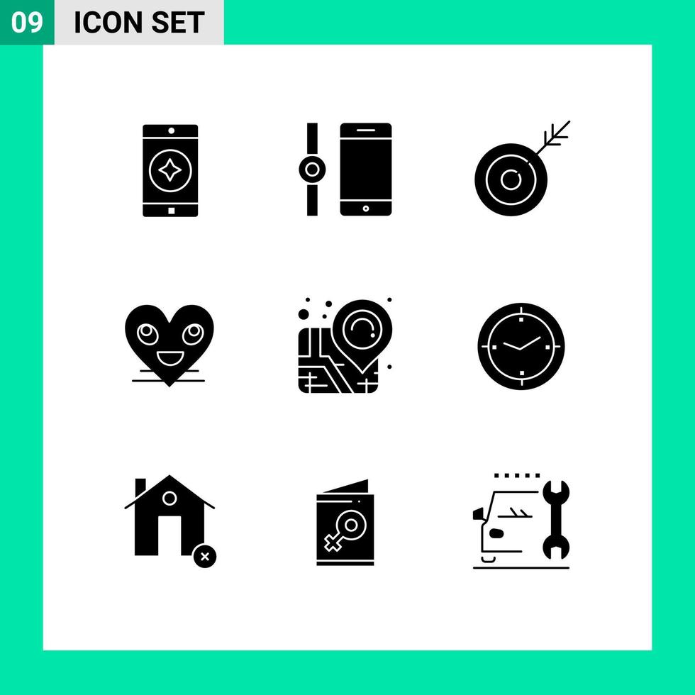 Gruppe von 9 soliden Glyphen Zeichen und Symbolen für Pin-Position Ziel Lächeln Smiley editierbare Vektordesign-Elemente vektor