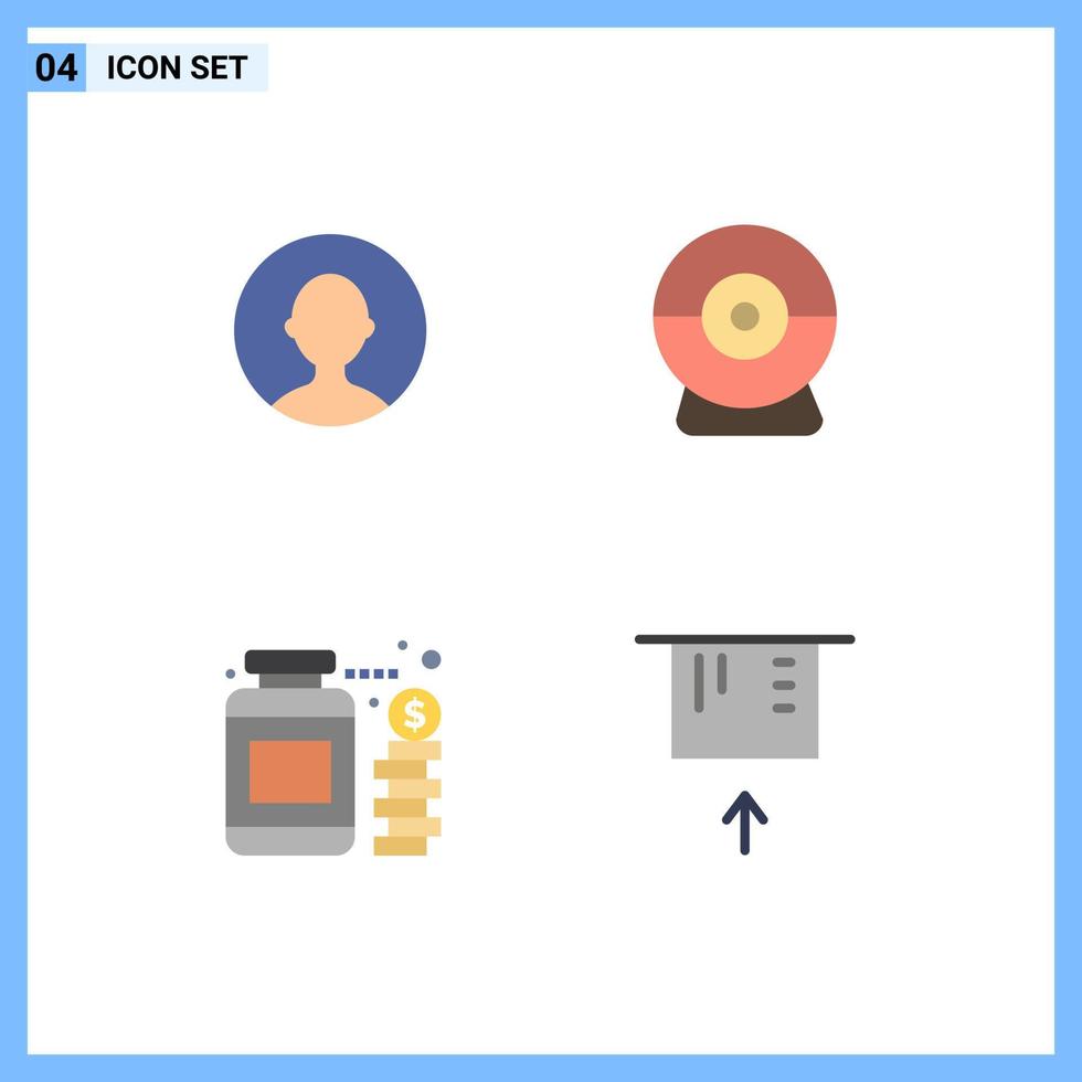 uppsättning av 4 vektor platt ikoner på rutnät för avatar besparingar kamera valuta kreditera kort redigerbar vektor design element