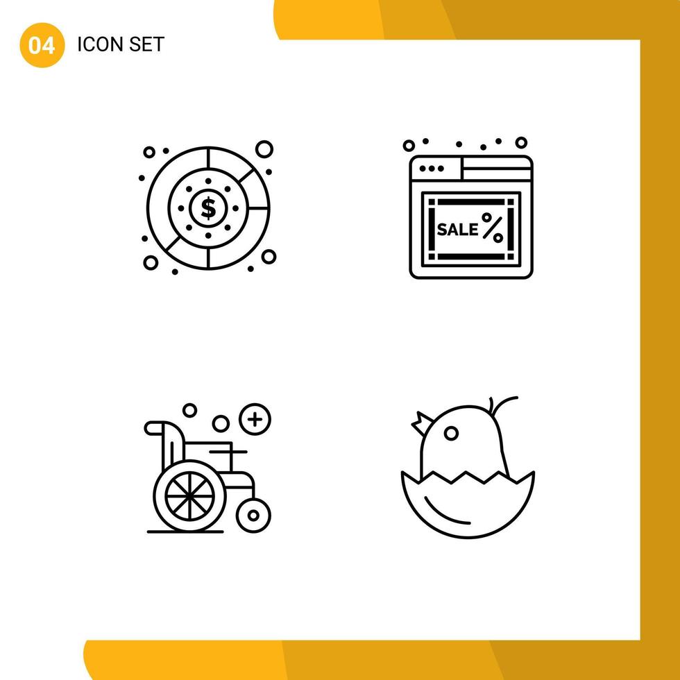 Packung mit 4 kreativen, gefüllten, flachen Farben des Diagramms, medizinisches Geld, Montag, Rollstuhl, editierbare Vektordesign-Elemente vektor