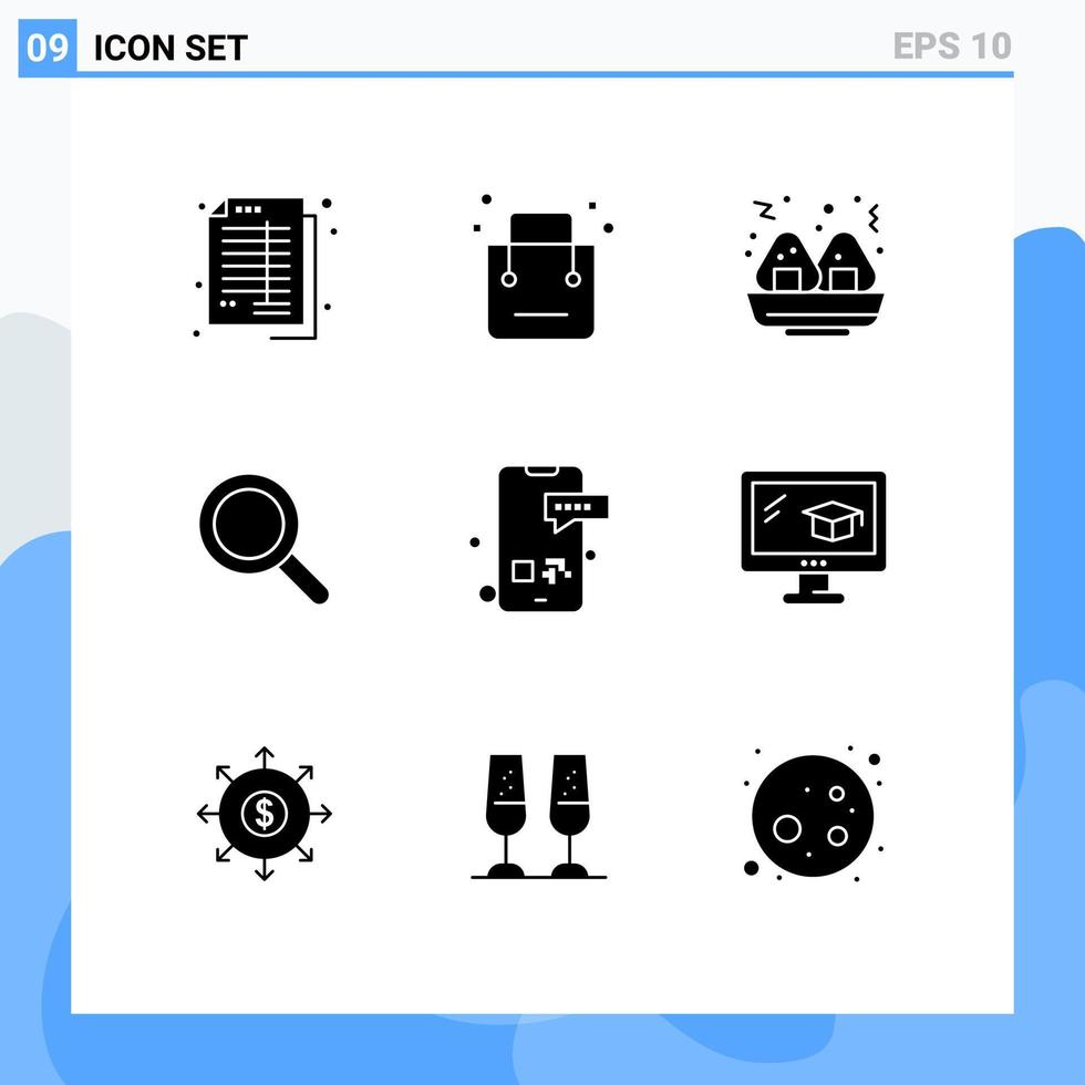 uppsättning av 9 vektor fast glyfer på rutnät för meddelande Sök affär förstorande glas redigerbar vektor design element