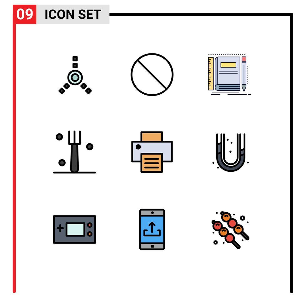 Packung mit 9 modernen Filledline-Flachfarbzeichen und -symbolen für Web-Printmedien wie Rohre, die Taschendruck-Geschirr bearbeitbare Vektordesign-Elemente bedrucken vektor