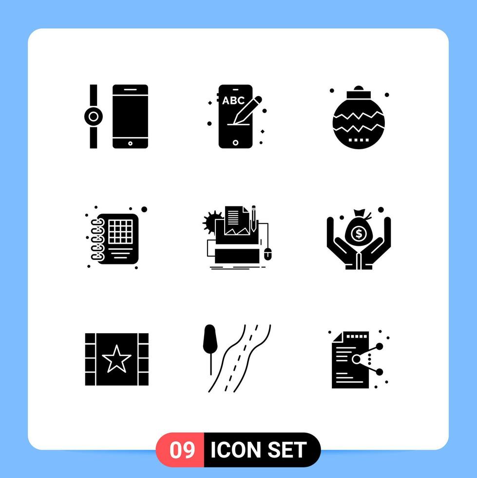 Stock Vector Icon Pack mit 9 Zeilenzeichen und Symbolen für Papier, Papier, Ereignis, Schreibmaschine, Tagebuch, editierbare Vektordesign-Elemente