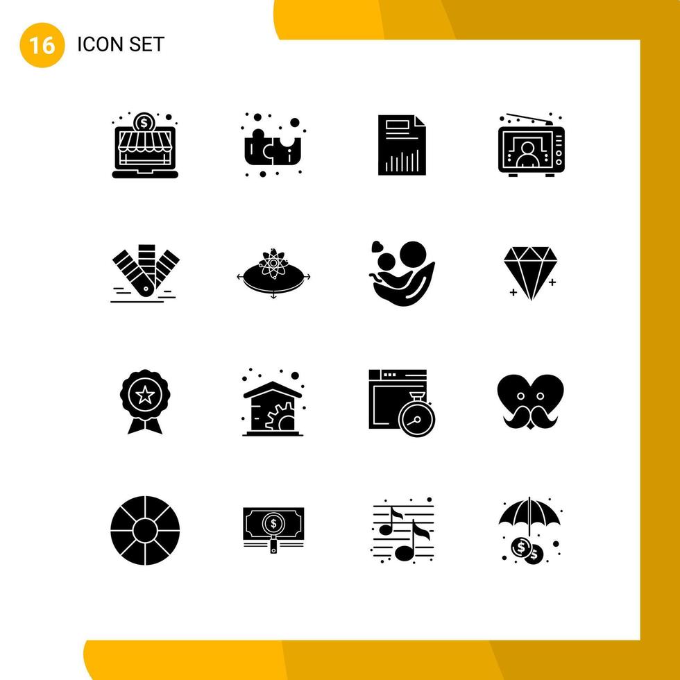 Packung mit 16 kreativen soliden Glyphen von Karten-TV-Diagrammen, Fernsehstatistiken, editierbaren Vektordesign-Elementen vektor