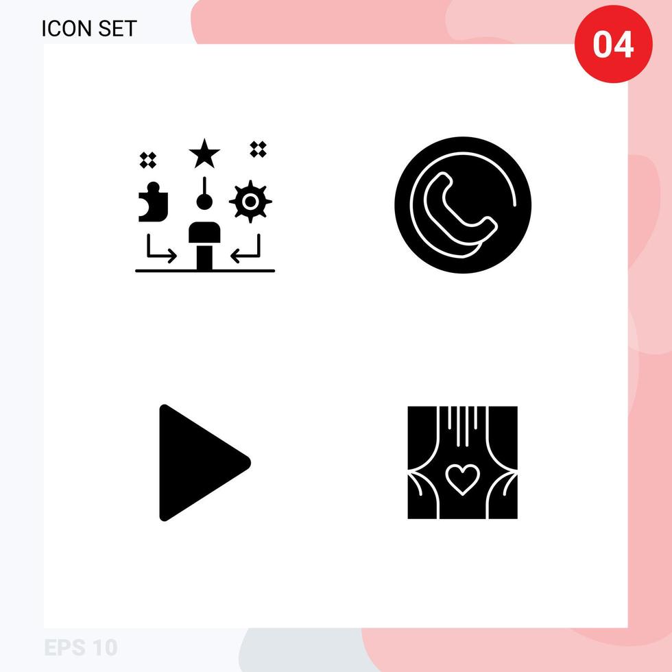 Gruppe von 4 modernen soliden Glyphen, die für editierbare Vektordesign-Elemente des Benutzer-Videostar-Telefonfensters festgelegt werden vektor