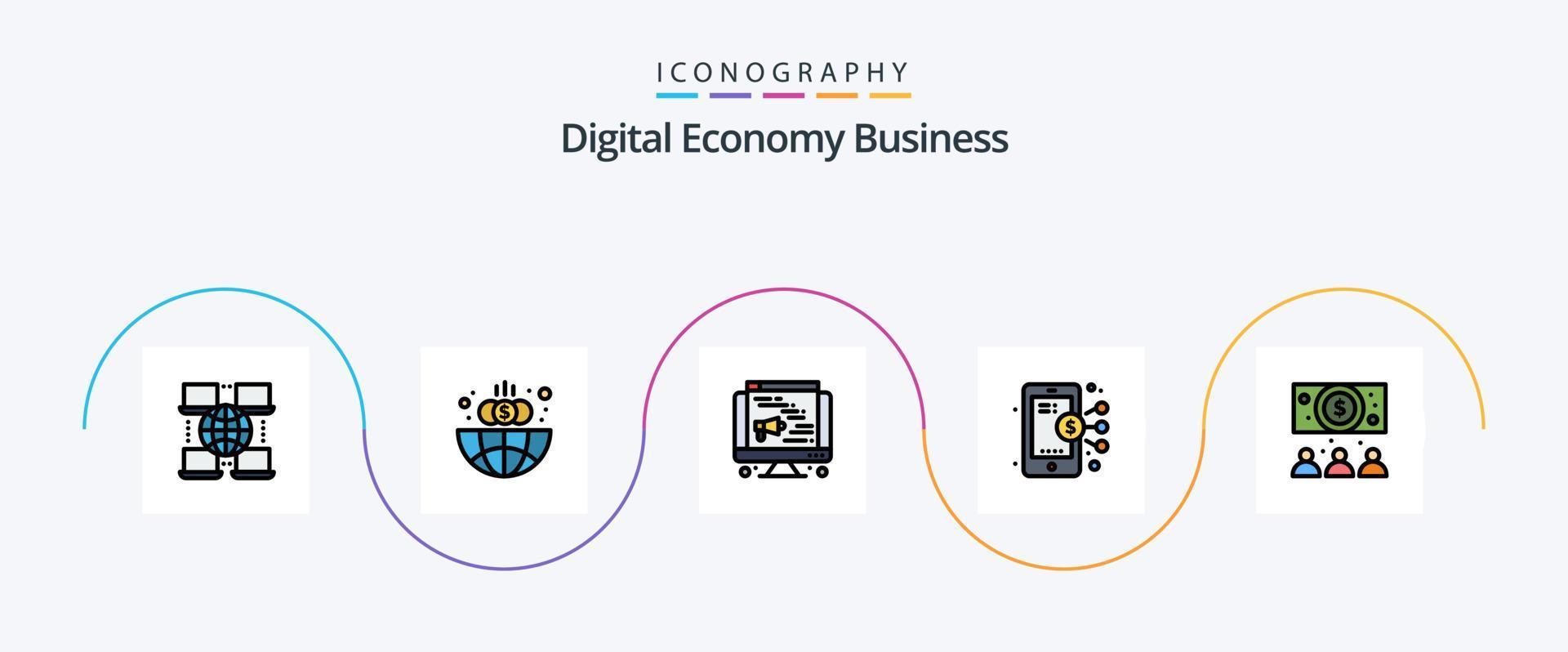 Digital Economy Business Line gefüllt Flat 5 Icon Pack inklusive. Dollar. Lautsprecher. Unternehmen. Smartphone vektor