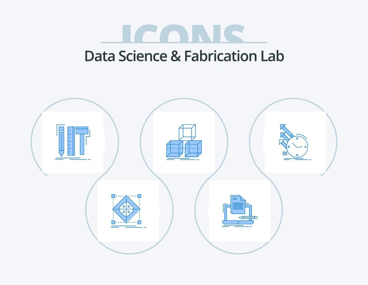 data vetenskap och tillverkning labb blå ikon packa 5 ikon design. stackd. ordna. lista. penna. digital vektor