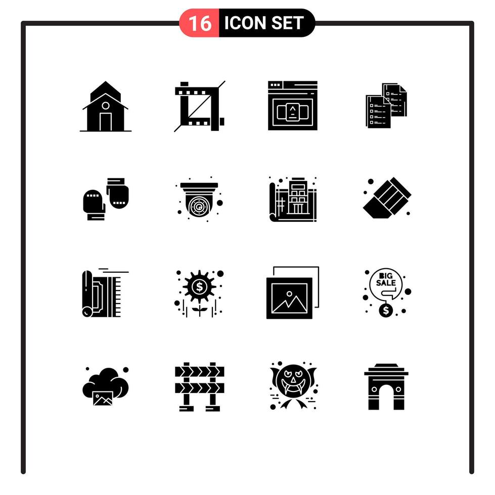 16 universelle solide Glyphen für Web- und mobile Anwendungen setzen bearbeitbare Vektordesign-Elemente für das Kopieren von Geschäftsdatendokumenten fort vektor