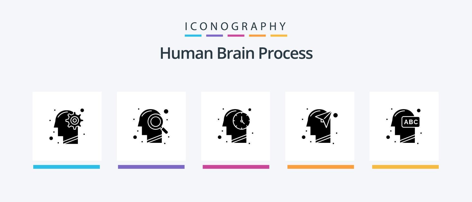 menschliches Gehirn Prozess Glyphe 5 Icon Pack inklusive Bildung. Verstand. Suche. Vorstellung. Kopf. kreatives Symboldesign vektor
