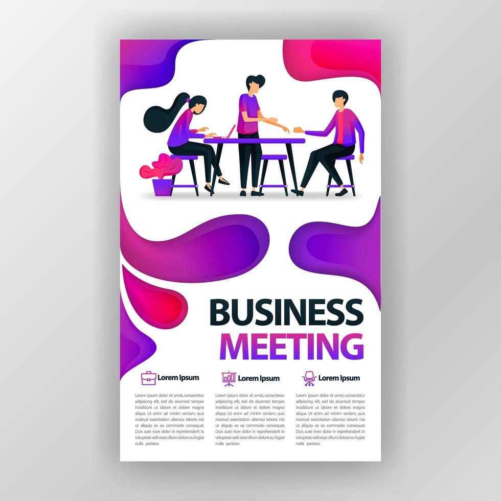 Geschäftstreffen-Entwurfskonzeptplakat mit flacher Karikaturillustration. Flyer Business Pamphlet Broschüre Magazin Cover Design Layout Raum für Werbung und Marketing, Vektordruckvorlage in a4 Größe vektor