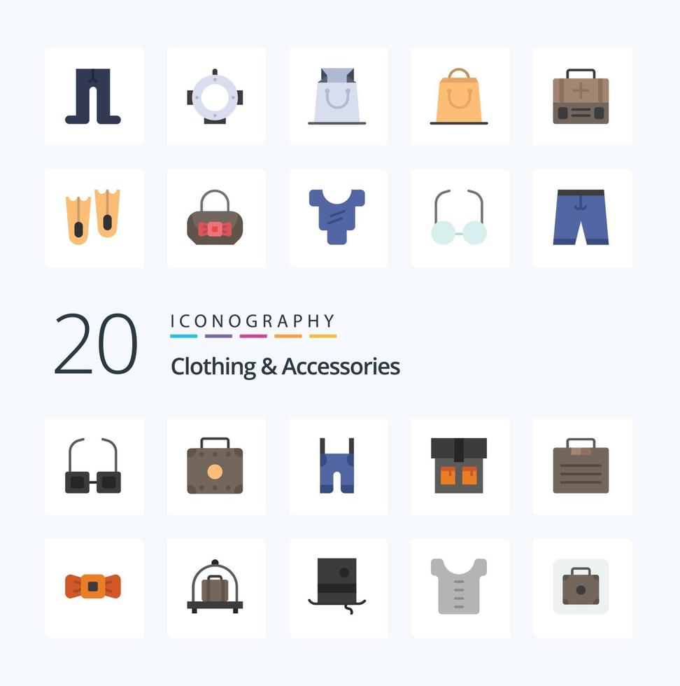 20 flachfarbige Icon-Packs für Bekleidungszubehör wie Mode-Marine-Shopping-Flossen-Koffer vektor