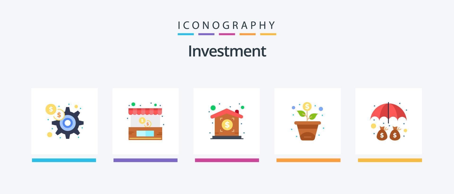 investering platt 5 ikon packa Inklusive skydd. pengar. investering. deposition. tillväxt. kreativ ikoner design vektor