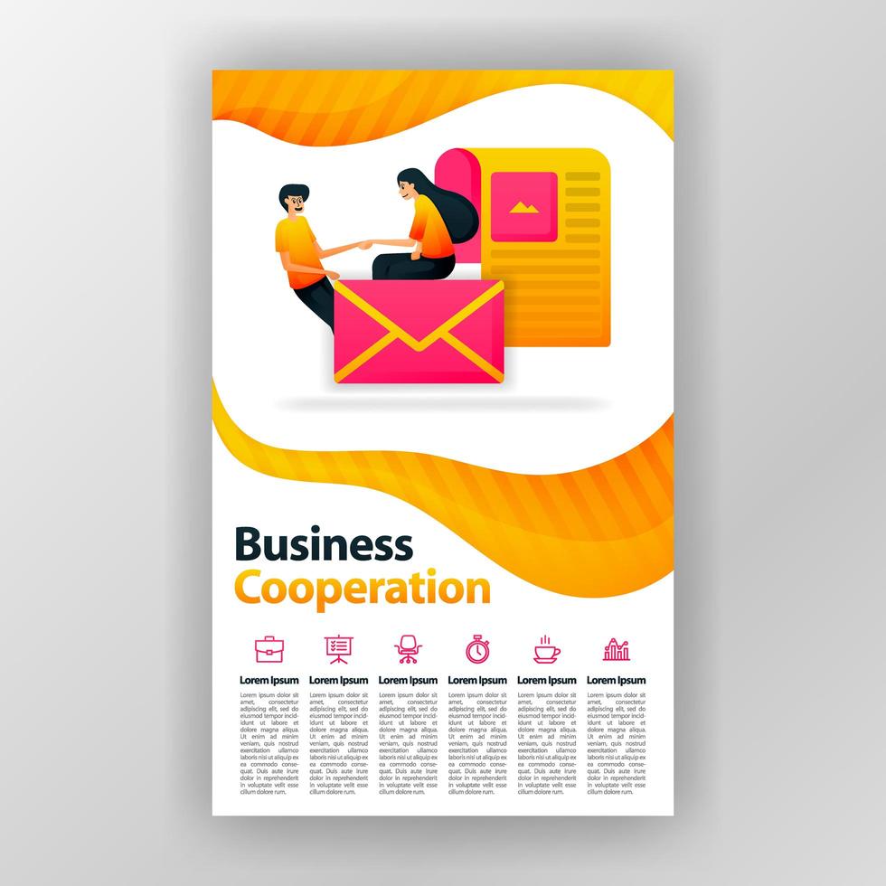 Designkonzeptplakat der Geschäftszusammenarbeit mit flacher Karikaturillustration. Flyer Business Pamphlet Broschüre Magazin Cover Design Layout Raum für Werbung und Marketing Vektor Druckvorlage a4 Größe