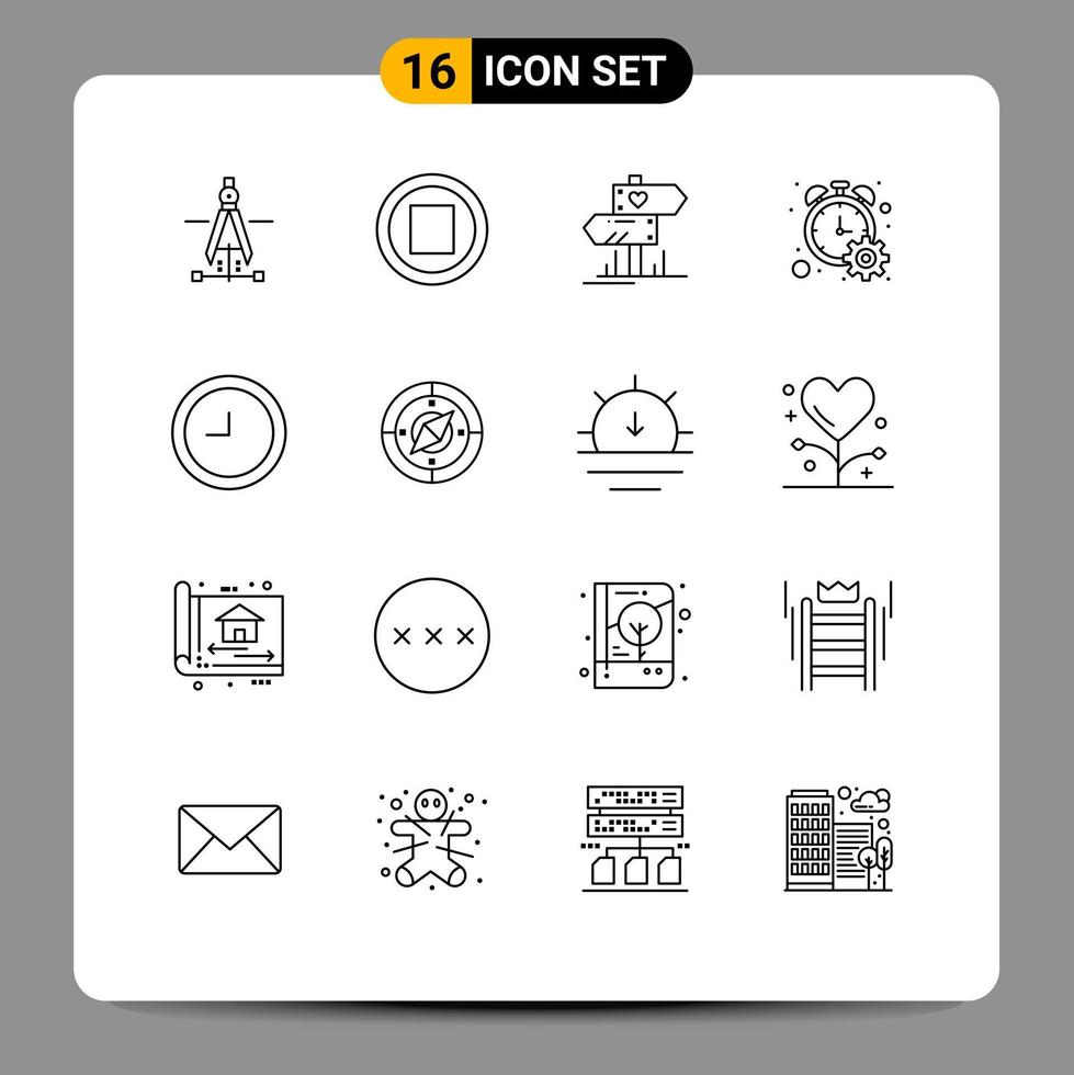 Piktogrammsatz von 16 einfachen Umrissen von Navigationsuhr-Liebes-Timer-Fortschritt editierbaren Vektordesign-Elementen vektor