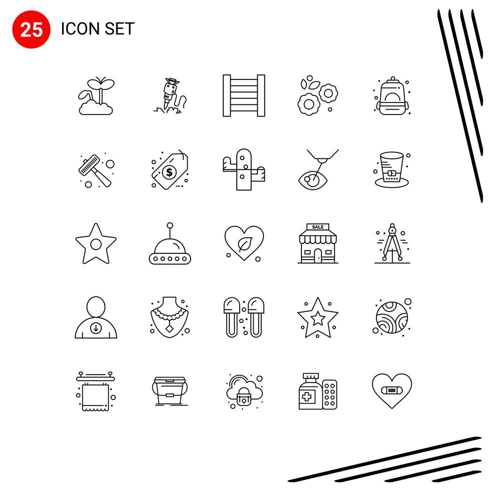 Stock Vector Icon Pack mit 25 Linienzeichen und Symbolen für Schultaschen-Tool-Rucksack-Natur-editierbare Vektordesign-Elemente