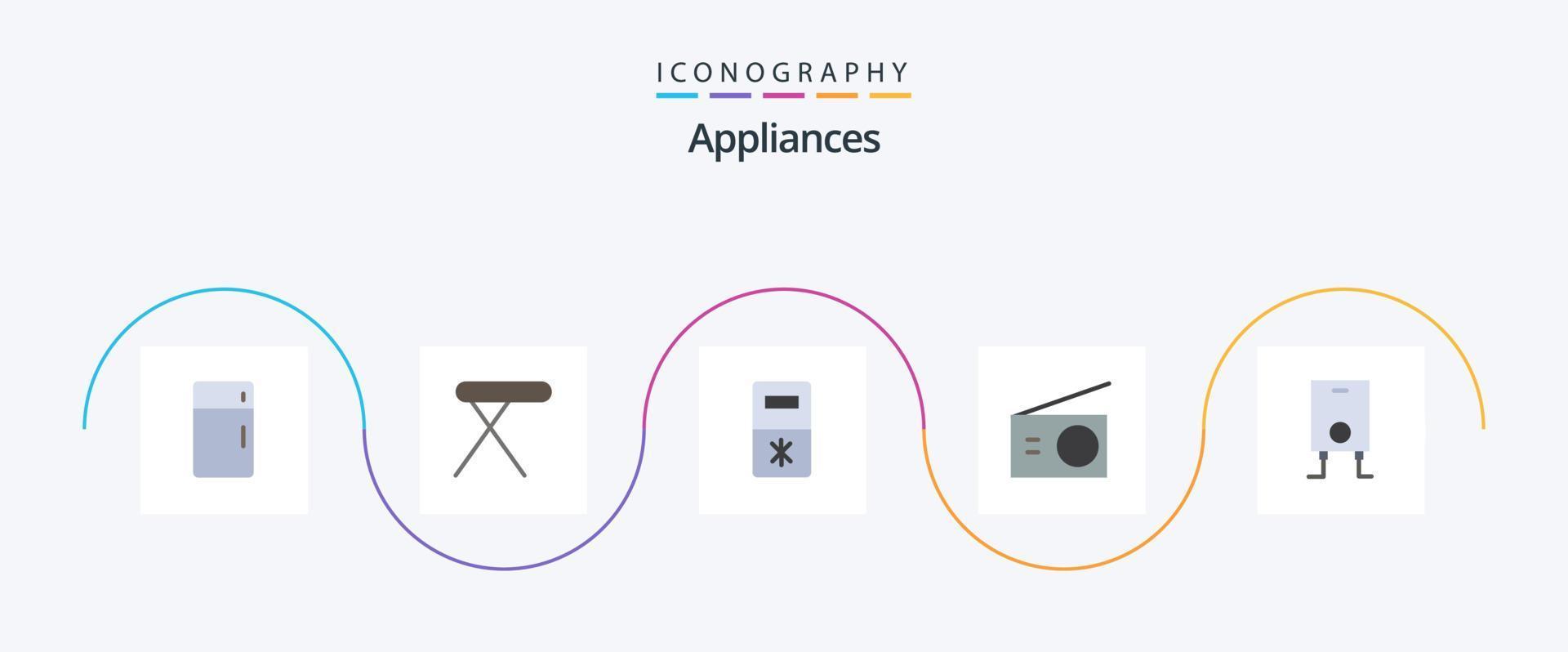 apparater platt 5 ikon packa Inklusive värmare. radio. tabell. Hem. apparater vektor