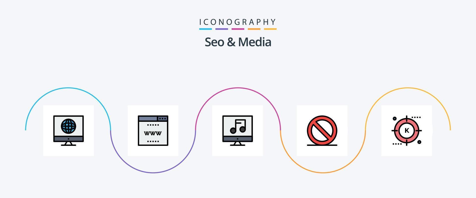 SEO- und Medienzeile gefülltes flaches 5-Icon-Paket einschließlich Medien. Motor. Audio. Aufhören. nah dran vektor